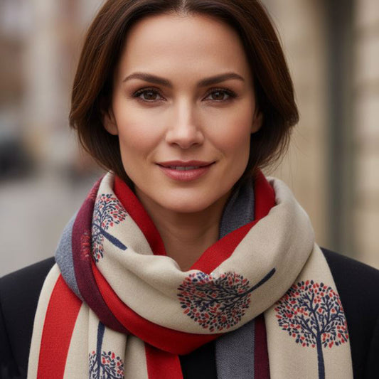 Cashmere Blend Scarf | Two Tone Tree Of Life Red & Cream