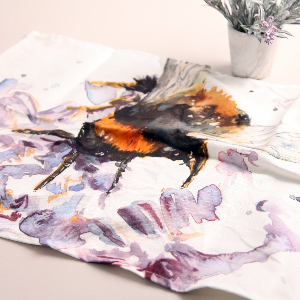 Bee on Heather Watercolour Art Cotton Tea Towel