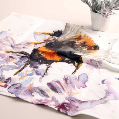 Bee on Heather Watercolour Art Cotton Tea Towel