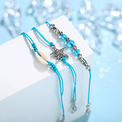 ANKLET 3 PIECE TEAL ROPE STARFISH + BEADS