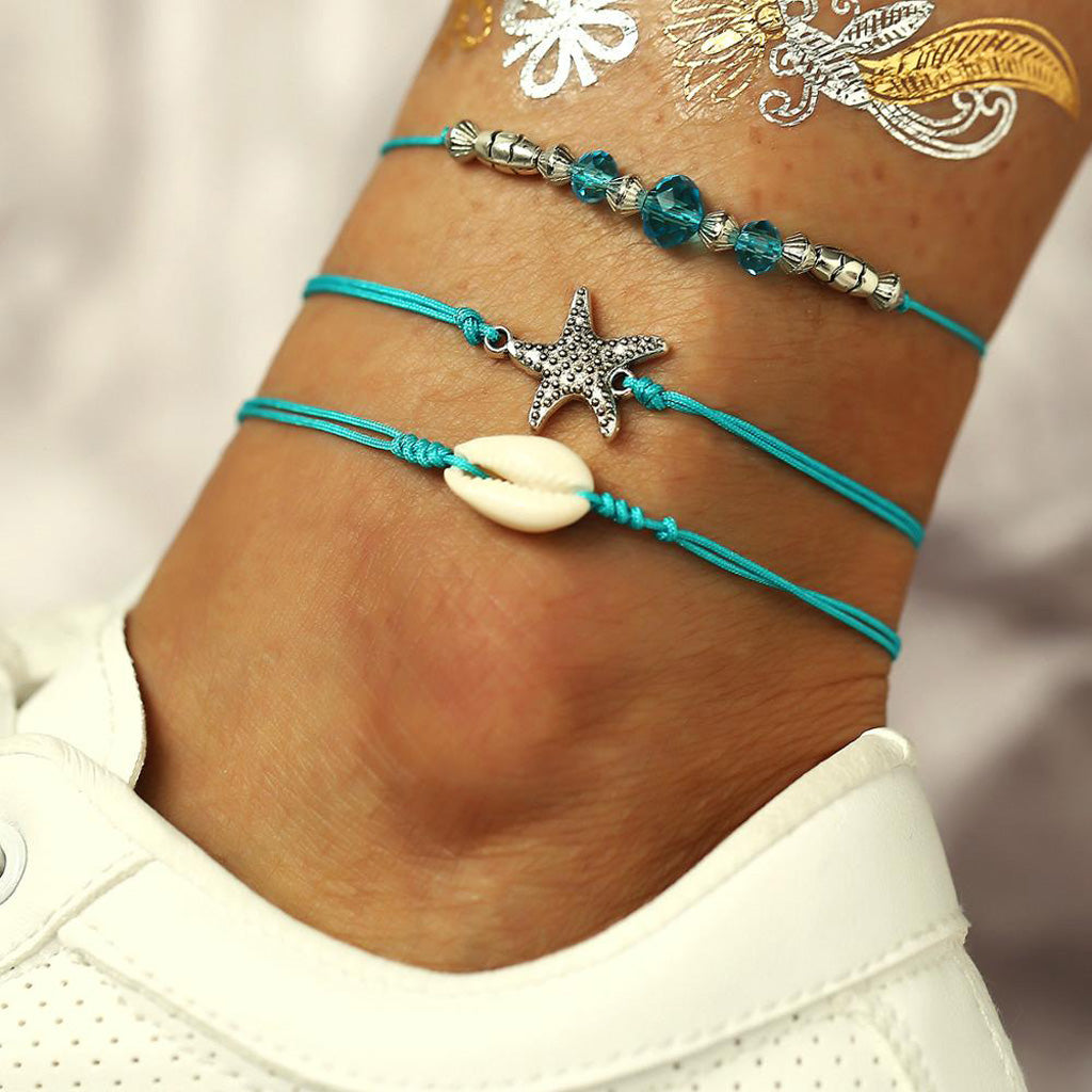 ANKLET 3 PIECE TEAL ROPE STARFISH + BEADS