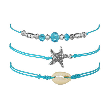 ANKLET 3 PIECE TEAL ROPE STARFISH + BEADS