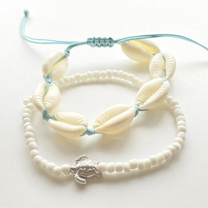 ANKLET 2 PIECE TURTLE CHARM BEAD + ROPE SEASHELLS