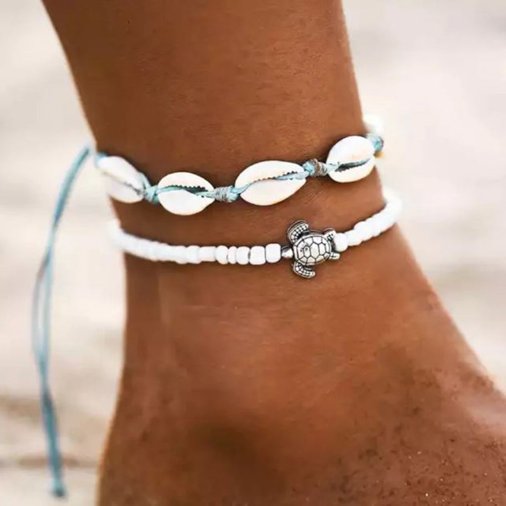 ANKLET 2 PIECE TURTLE CHARM BEAD + ROPE SEASHELLS