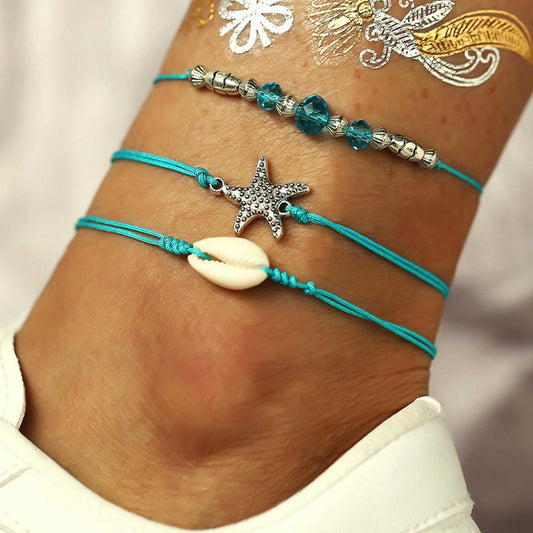 Boho Beach Teal Adjustable 3-Piece Anklet Set