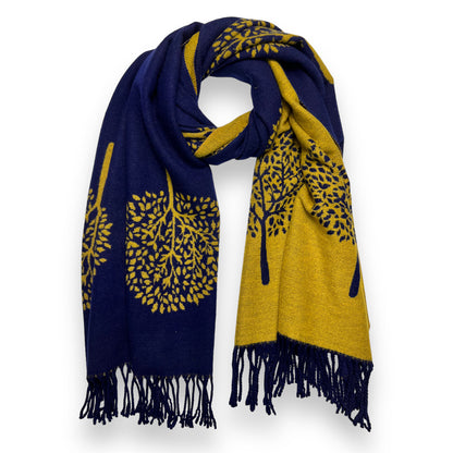 CASHMERE BLEND SCARF LARGE TREE OF LIFE NAVY