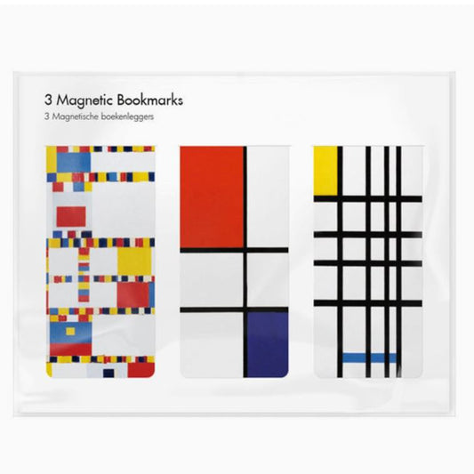 Set of three magnetic bookmarks featuring Mondrian's abstract red, blue, and yellow geometric art designs.