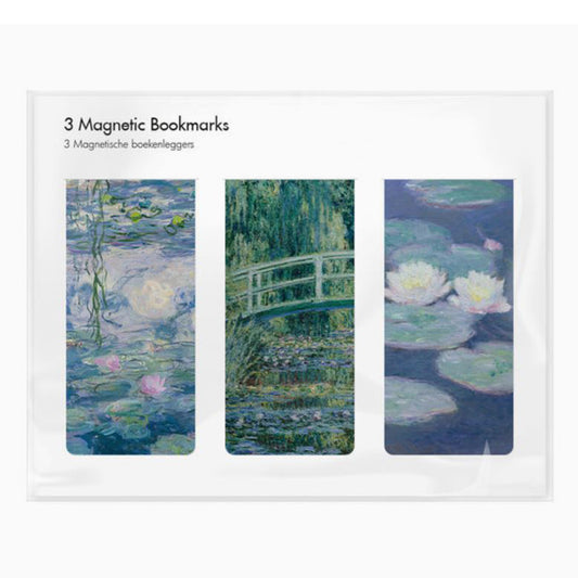 Set of three magnetic bookmarks featuring Claude Monet's Water Lilies Impressionist art designs.
