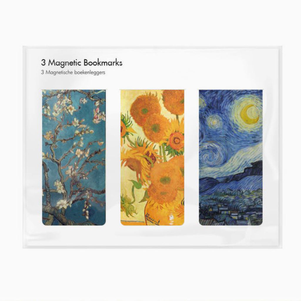 Set of three magnetic bookmarks featuring Van Gogh's Starry Night, Almond Blossom, and Sunflowers art designs.
