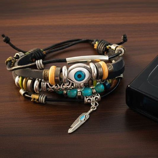 Leather Evil Eye Talisman Multi-Layer Bracelet