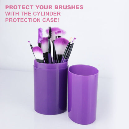 MAKEUP BRUSH SET + STORAGE CYLINDER 12 PIECE PURPLE