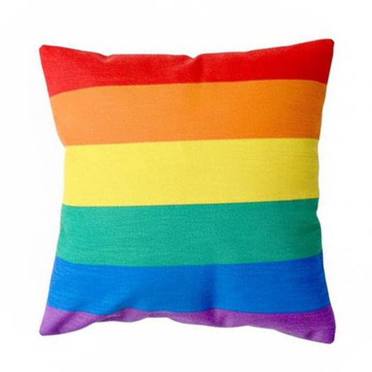 Square cotton-linen cushion cover featuring a colourful modern rainbow stripe design for a nursery or living room.