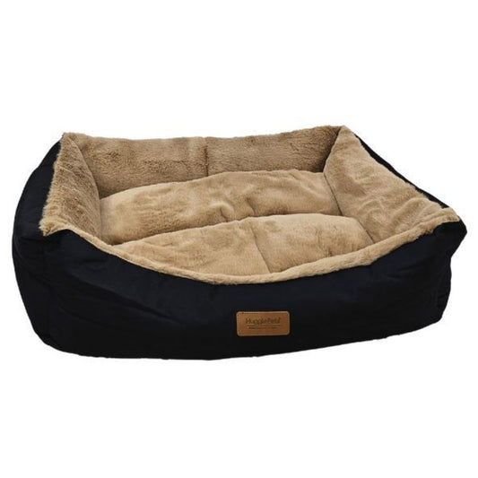 LUXURY PLUSH DOG BED LOUNGER - BLACK + OATMEAL - SIZE MEDIUM