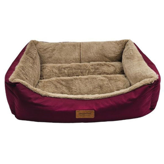 LUXURY PLUSH DOG LOUNGER - RED + OATMEAL - SIZE MEDIUM