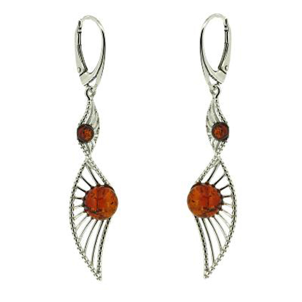 Sterling silver DNA-shaped drop earrings featuring two round cognac Baltic amber stones.