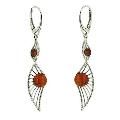 Sterling silver DNA-shaped drop earrings featuring two round cognac Baltic amber stones.