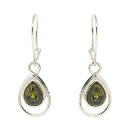 Green Amber Drop Earrings | Double Teardrop Design 925 Sterling Silver