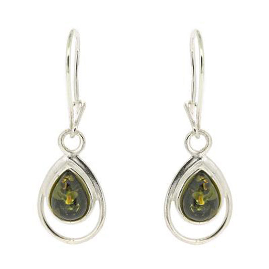 Green Amber Drop Earrings | Double Teardrop Design 925 Sterling Silver