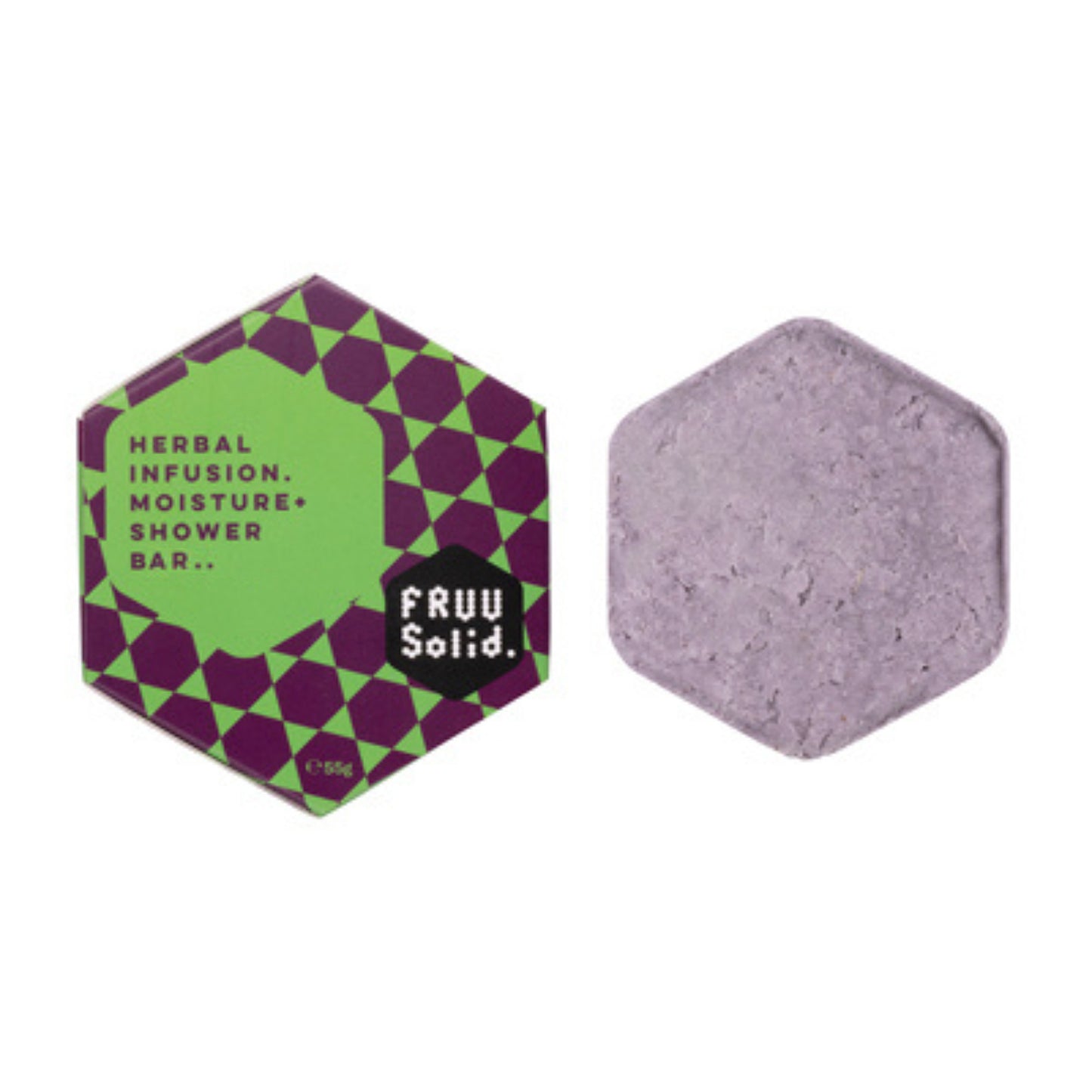 Fruu Herbal Infusion Moisture+ Shower Bar 55g shown as a solid purple hexagonal bar next to its green and purple patterned cardboard box.