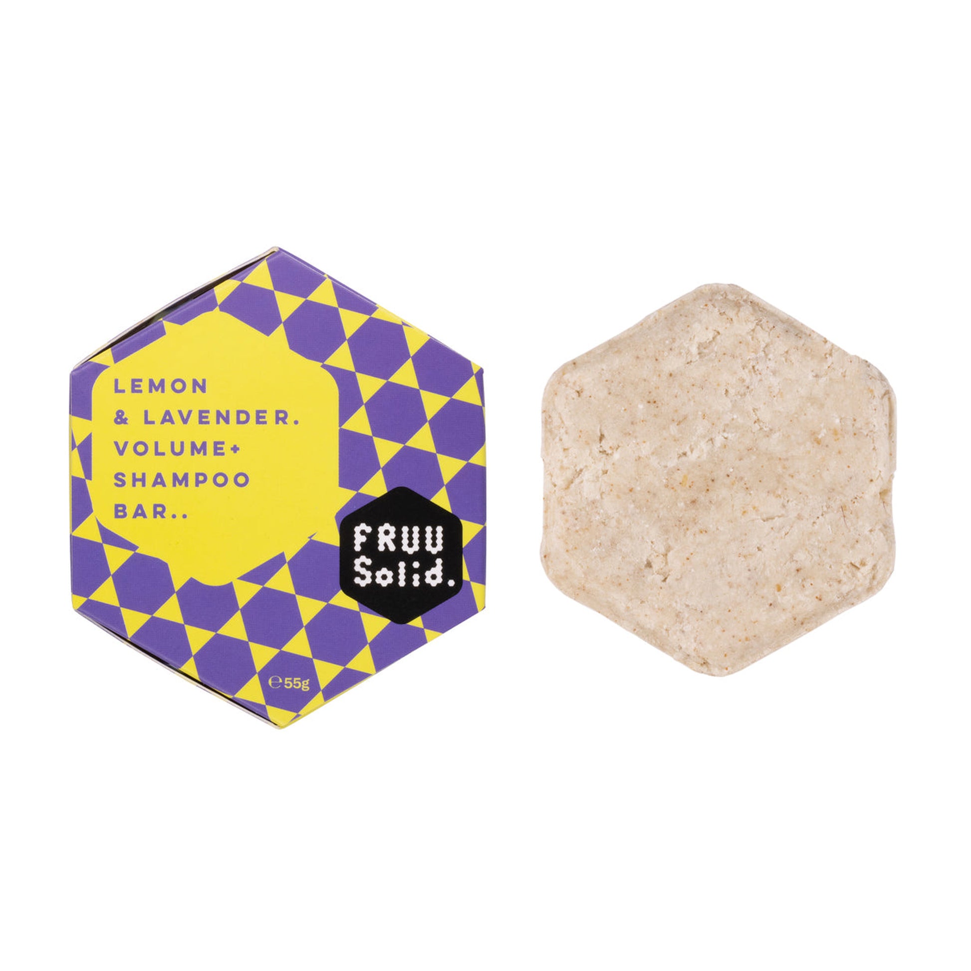 Fruu Lemon and Lavender Volume+ Shampoo Bar 55g in purple and yellow honeycomb packaging next to the natural solid shampoo bar.