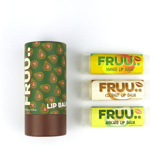 Fruu Avocado Lip Balm Trio Set featuring three individual lip balm tubes (Mango, Coconut, and Avocado) next to their green and brown avocado-patterned cardboard gift tube.