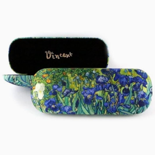 Van Gogh Irises hard-shell spectacle case featuring a vibrant purple and green Impressionist print.