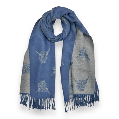 Blue and grey reversible Highland Cow print scarf in a soft cashmere blend with tassel fringe.