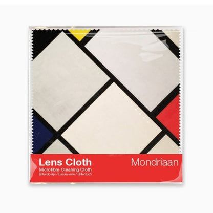 Mondrian abstract art microfibre lens cloth in red, blue, and yellow geometric print.