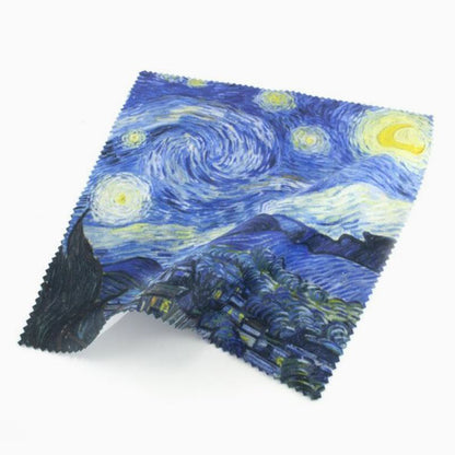 Van Gogh Starry Night microfibre lens cloth featuring the iconic blue and yellow post-impressionist artwork.