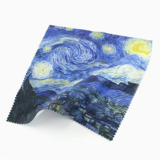 Van Gogh Starry Night microfibre lens cloth featuring the iconic blue and yellow post-impressionist artwork.