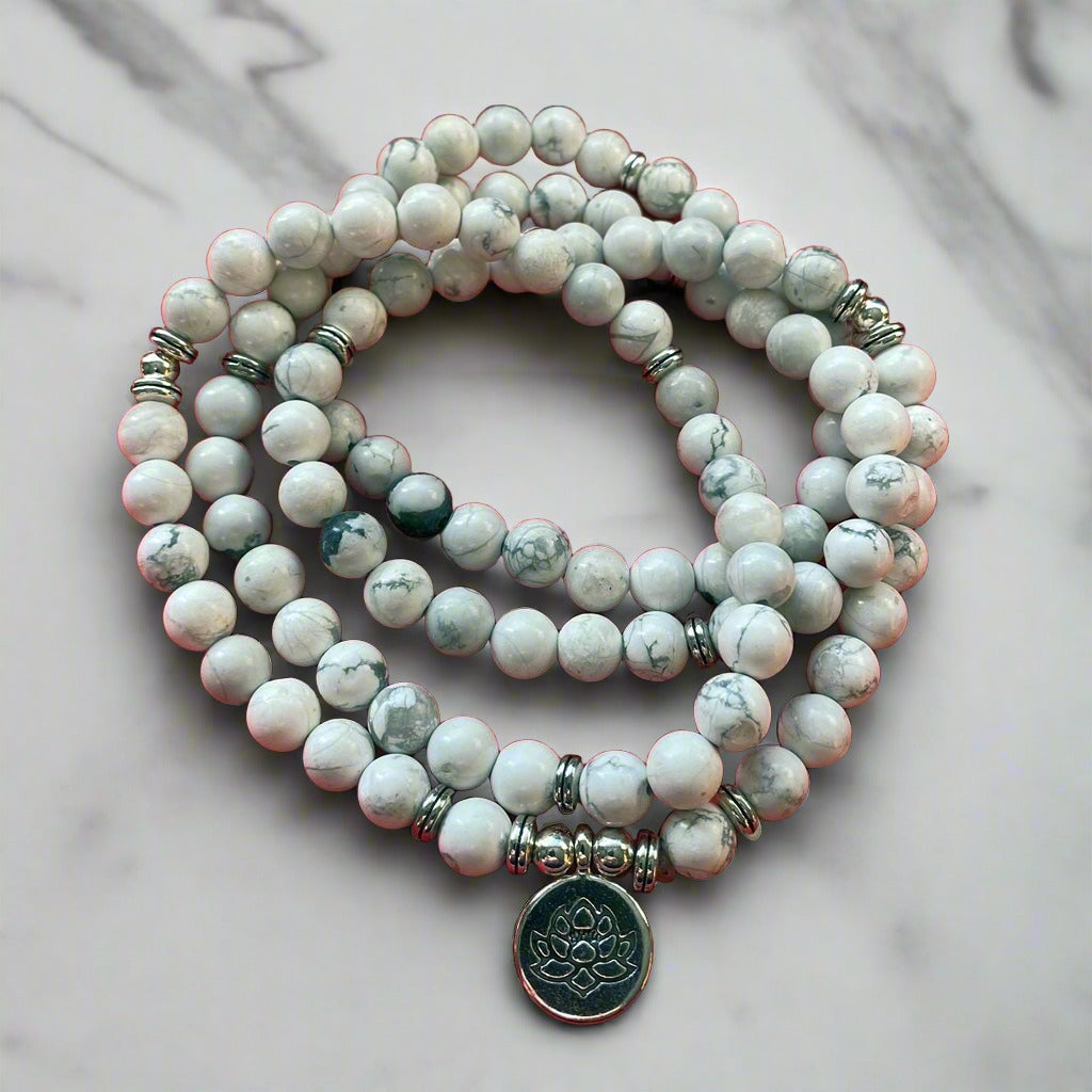 MALA 108 BEAD NECKLACE WHITE HOWLITE