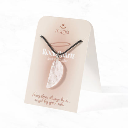 Clear rock quartz angel wing pendant with natural internal inclusions, hanging on a black cord and presented on a cream Myga card that says "May there always be an angel by your side."
