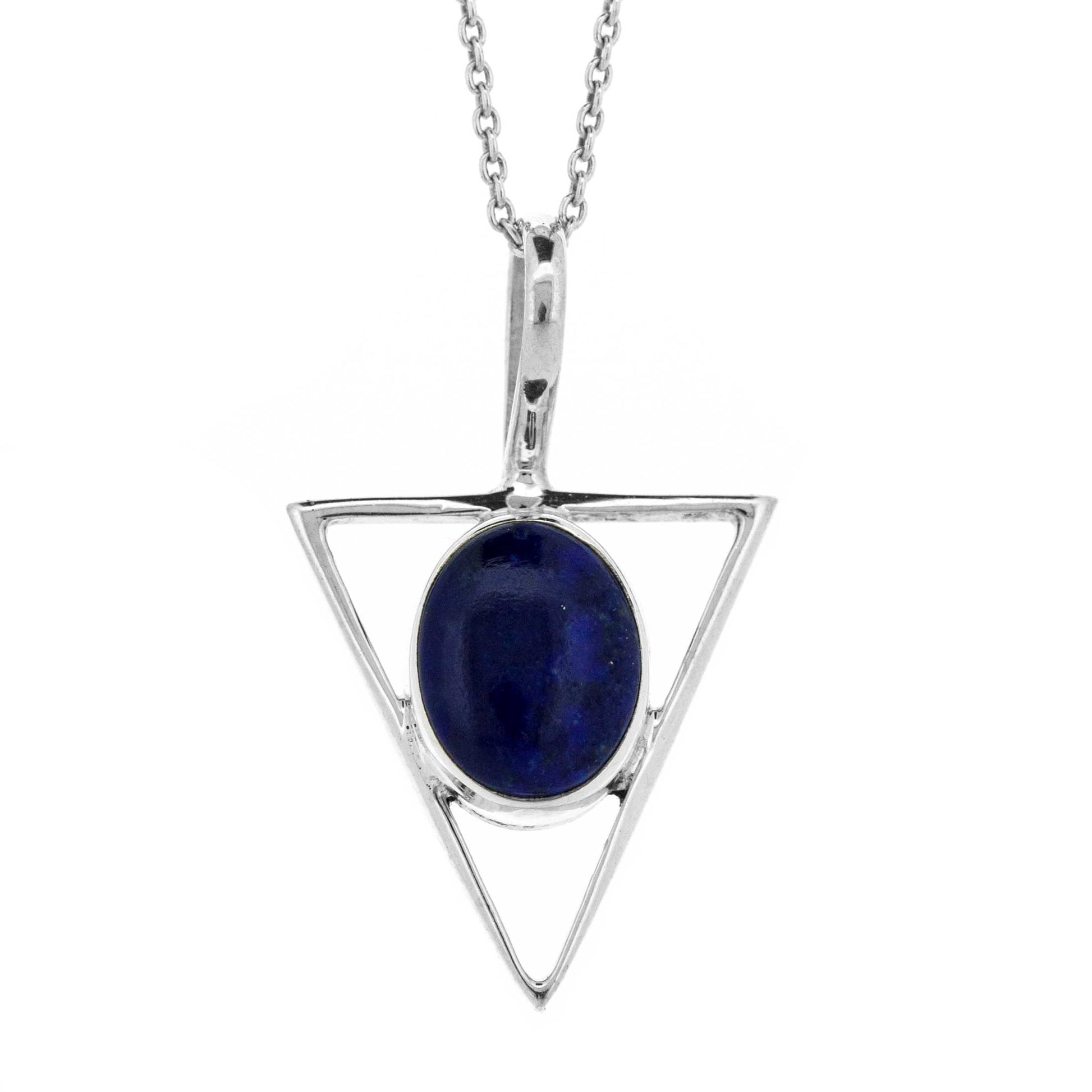 Silver pendant necklace in 925 silver with a blue lapis lazuli stone on a white background