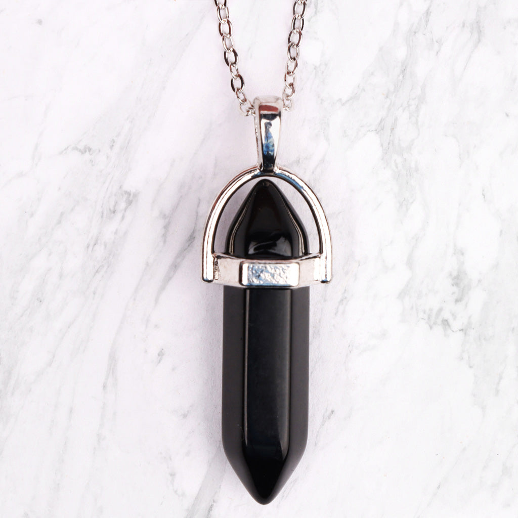 SILVER PLATED CRYSTAL PENDANT NECKLACE OBSIDIAN