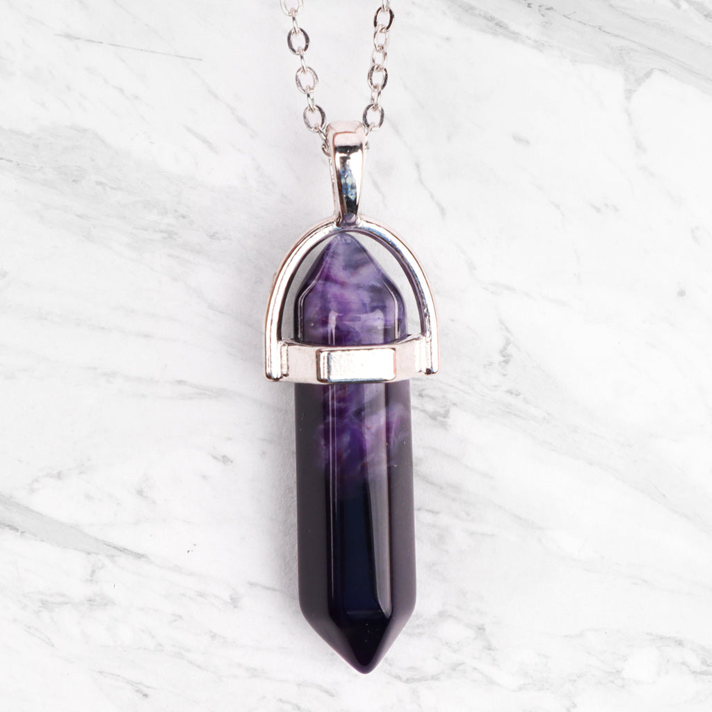 SILVER PLATED PENDANT NECKLACE PURPLE AGATE