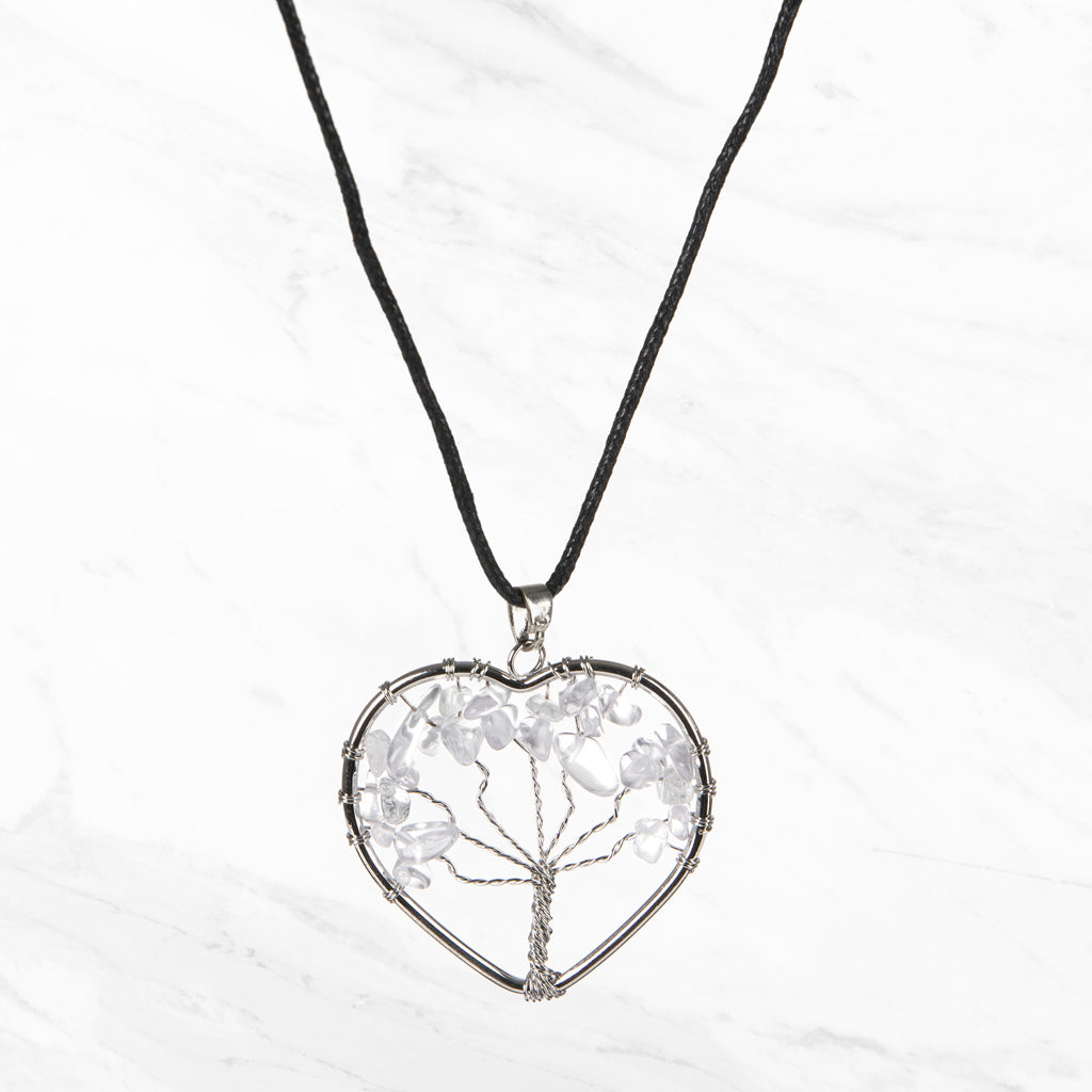 CORD PENDANT NECKLACE TREE OF LIFE CLEAR QUARTZ