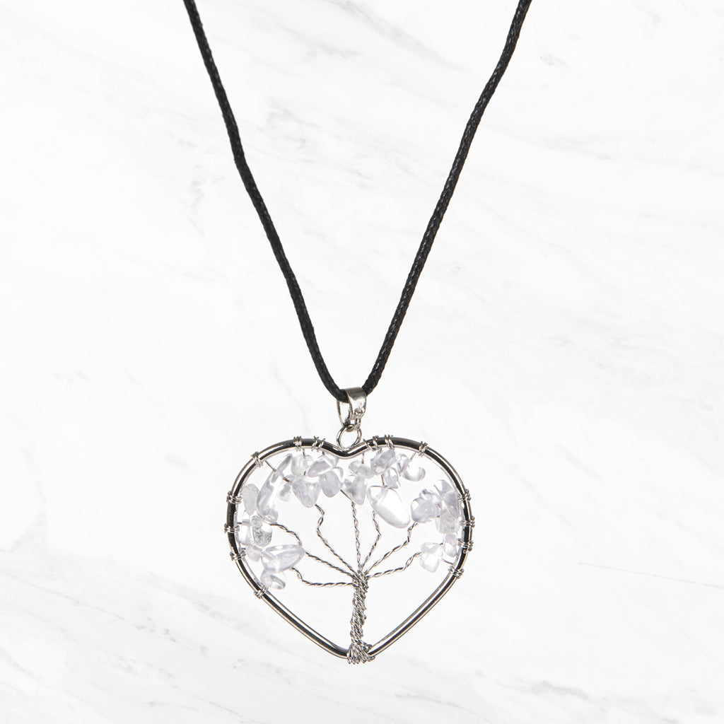 Tree of Life Crystal Pendant Heart Necklace | Clear Quartz