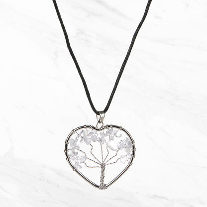 Tree of Life Crystal Pendant Heart Necklace | Clear Quartz