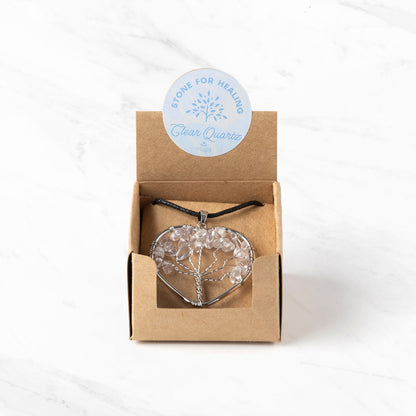 Tree of Life Crystal Pendant Heart Necklace | Clear Quartz