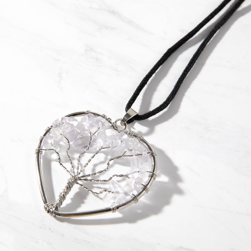 CORD PENDANT NECKLACE TREE OF LIFE CLEAR QUARTZ