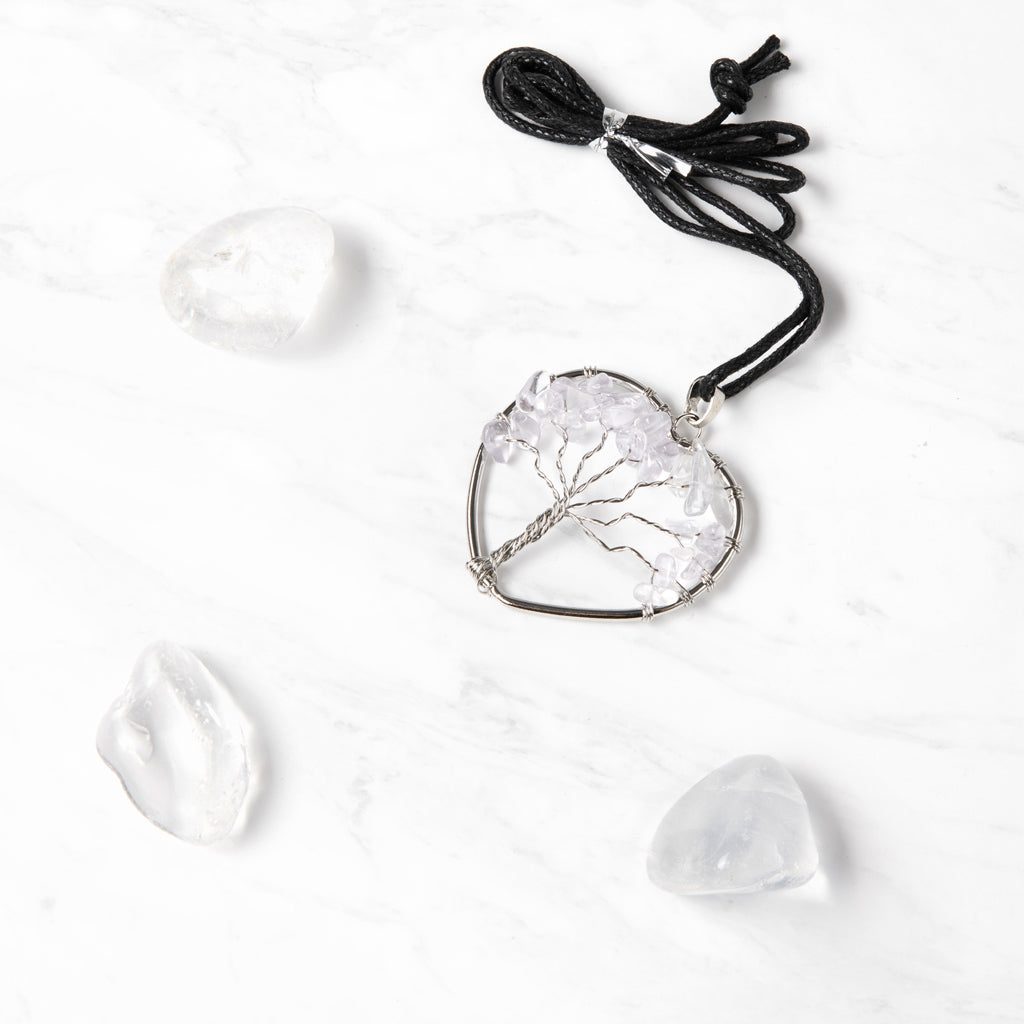 CORD PENDANT NECKLACE TREE OF LIFE CLEAR QUARTZ