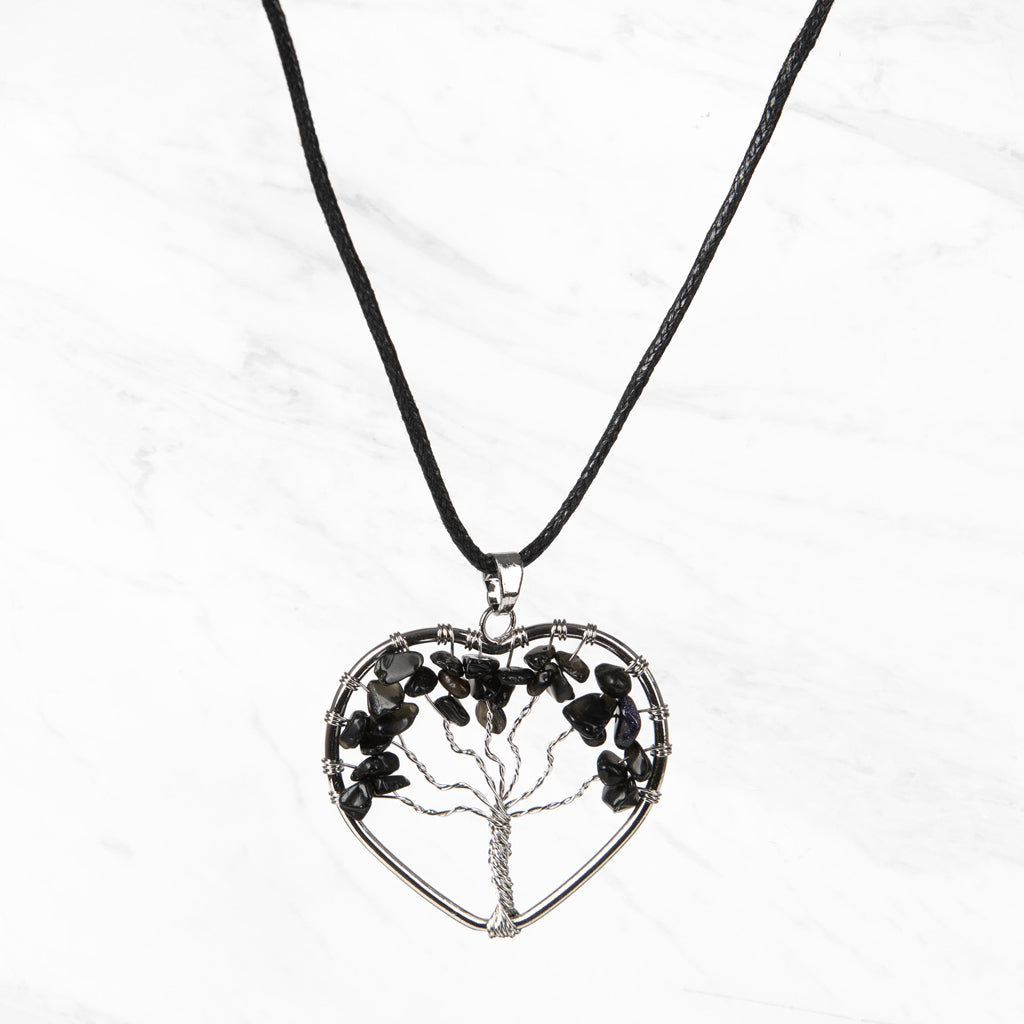 CORD PENDANT NECKLACE TREE OF LIFE OBSIDIAN