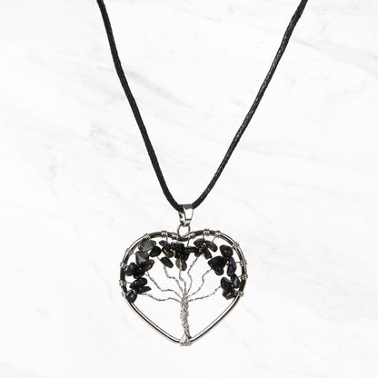 Tree of Life Crystal Pendant Heart Necklace | Black Obsidian