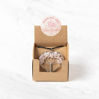 Tree of Life Crystal Pendant Heart Necklace | Rose Quartz