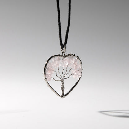 Tree of Life Crystal Pendant Heart Necklace | Rose Quartz