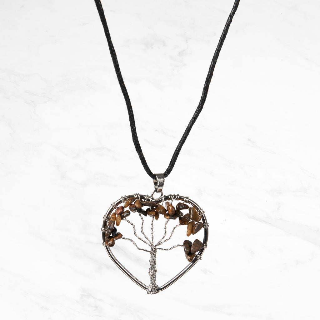 Tree of Life Crystal Pendant Heart Necklace | Tiger's Eye
