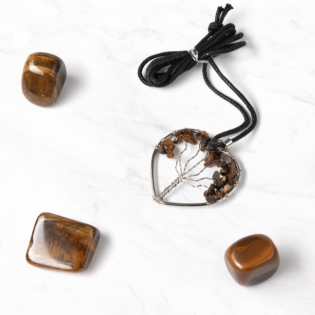 Tree of Life Crystal Pendant Heart Necklace | Tiger's Eye