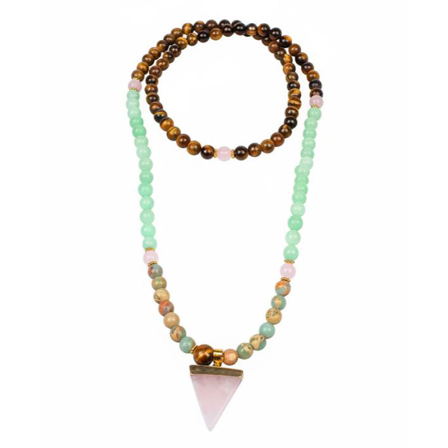 108-bead 'Protect' Mala necklace made from Rose Quartz, Amazonite, Tiger's Eye, and Ocean Jasper with a triangle pendant