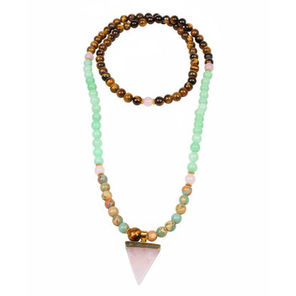 108-bead 'Protect' Mala necklace made from Rose Quartz, Amazonite, Tiger's Eye, and Ocean Jasper with a triangle pendant