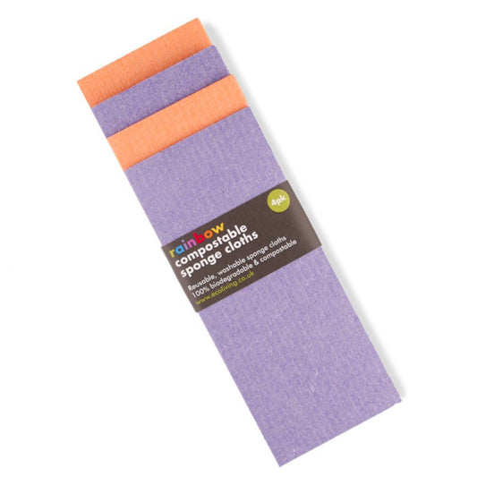 A 4-pack of Ecoliving Rainbow Bright compostable sponge cleaning cloths in purple and orange, featuring a brown paper belly band with the "rainbow" logo and sustainable product details.